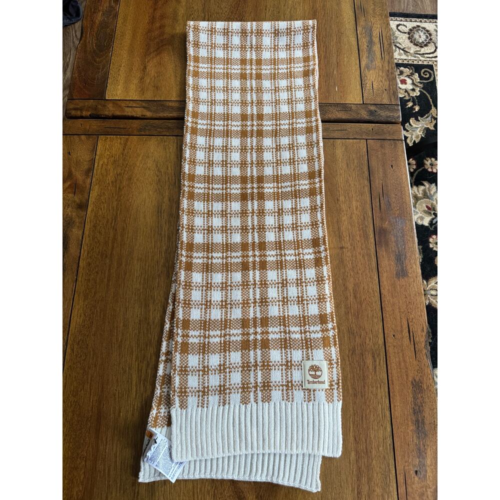 Timberland Brown & White Plaid Knit Scarf One Size Winter Accessory - Picture 9 of 13